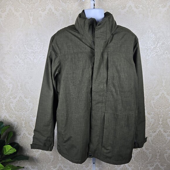 Eddie Bauer Size Large Olive Green Zip Front Rain Jacket Hidden Hood Outdoors - Picture 1 of 16